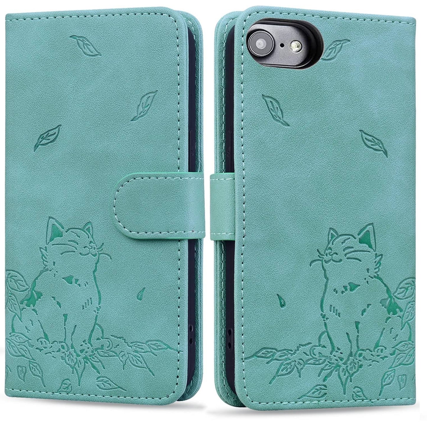 For iPhone 16e Cute Cat Embossed Leather Phone Case(Green)