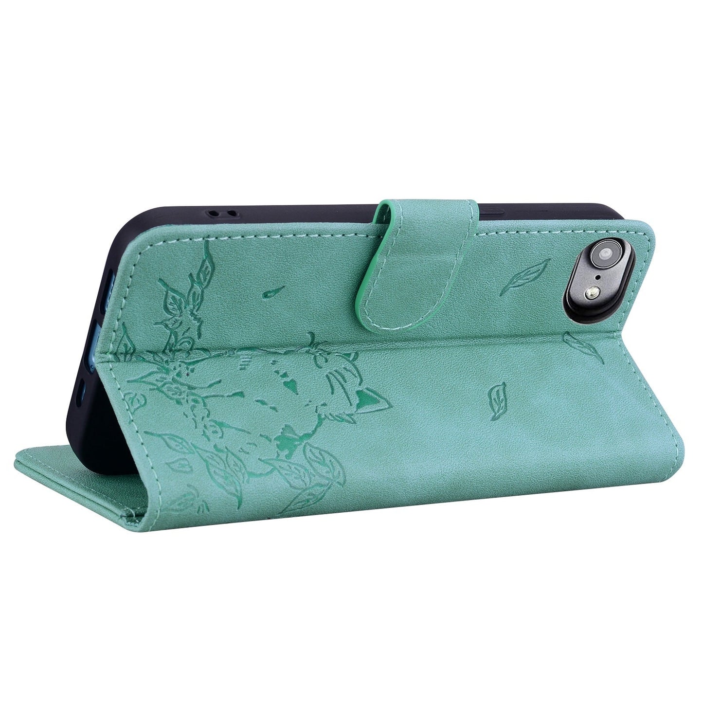 For iPhone 16e Cute Cat Embossed Leather Phone Case(Green)