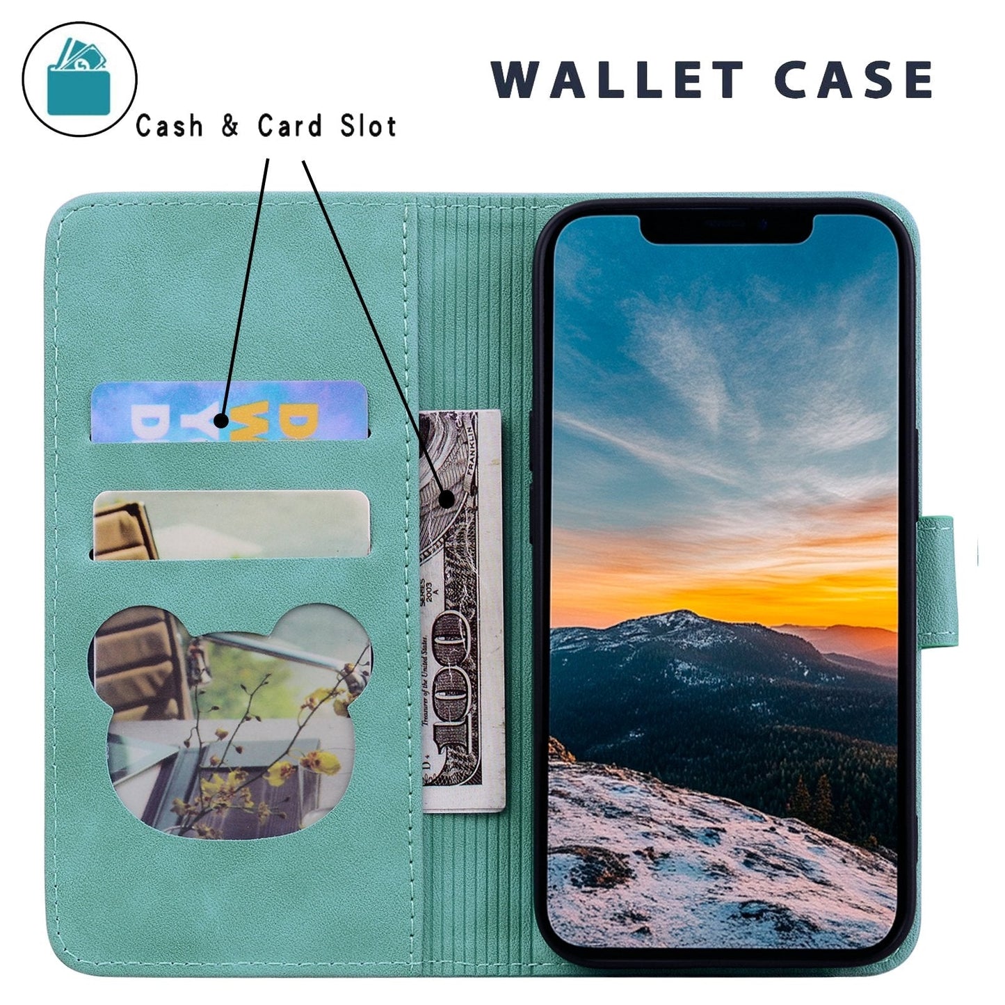 For iPhone 16e Cute Cat Embossed Leather Phone Case(Green)