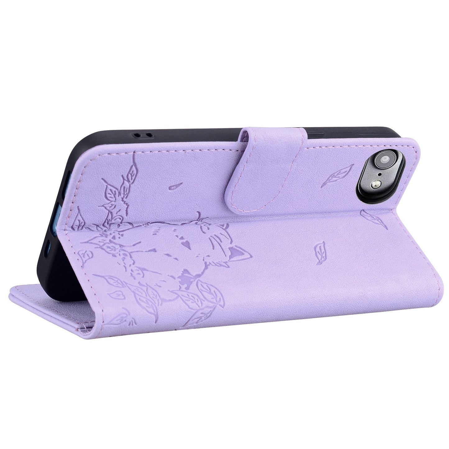 For iPhone 16e Cute Cat Embossed Leather Phone Case(Purple)