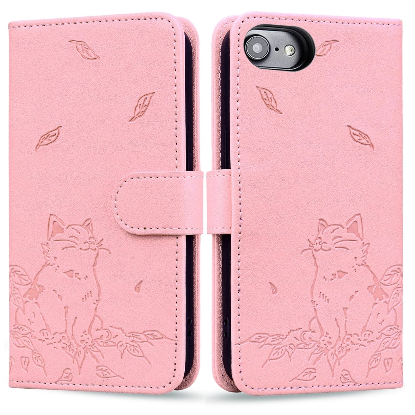 For iPhone 16e Cute Cat Embossed Leather Phone Case(Pink)