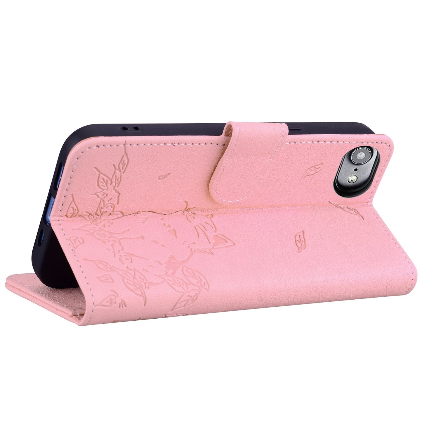 For iPhone 16e Cute Cat Embossed Leather Phone Case(Pink)