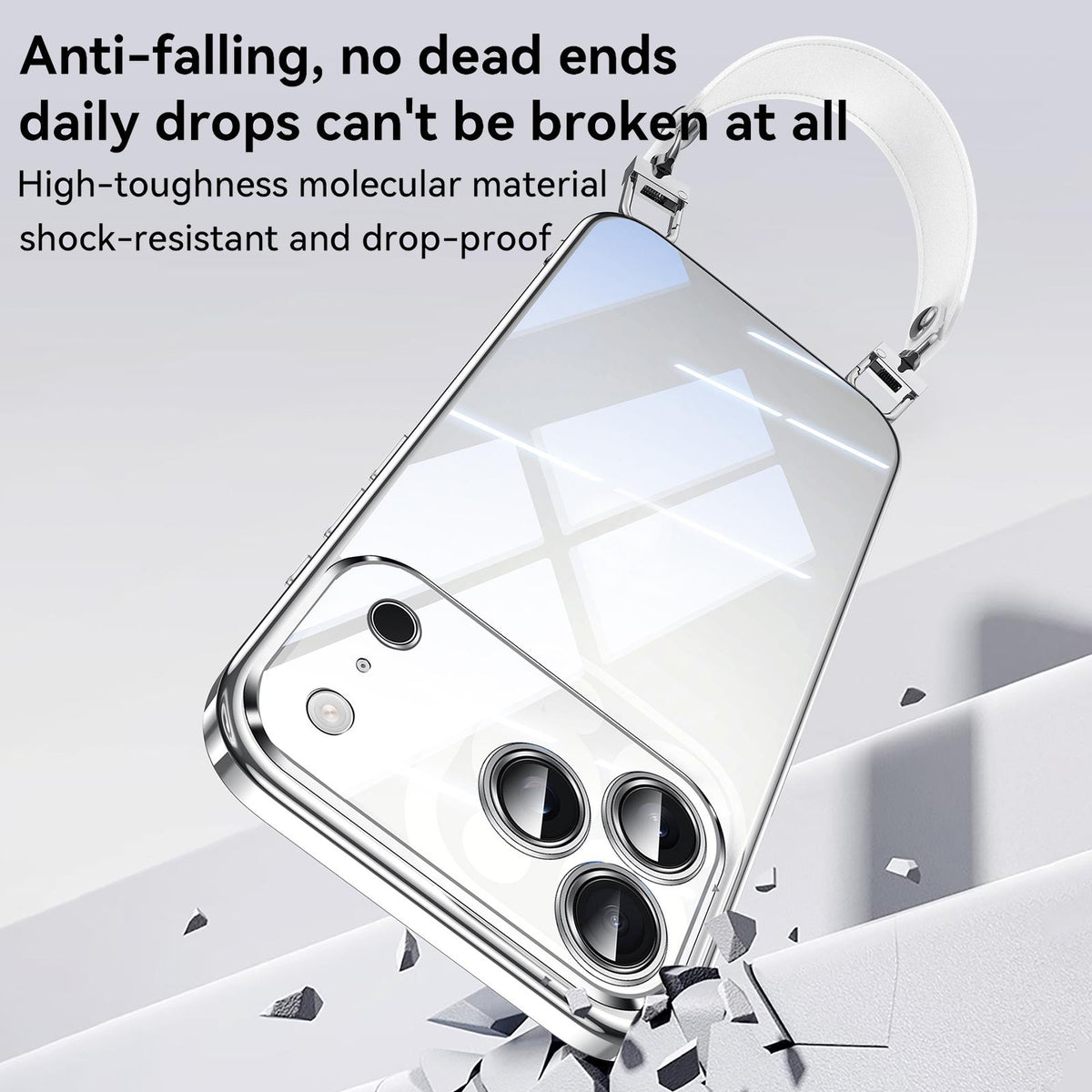 Compatible with iPhone 18 Pro Max SULADA Electroplated Clear TPU Soft Frame Phone Case with Wrist Strap - Silver