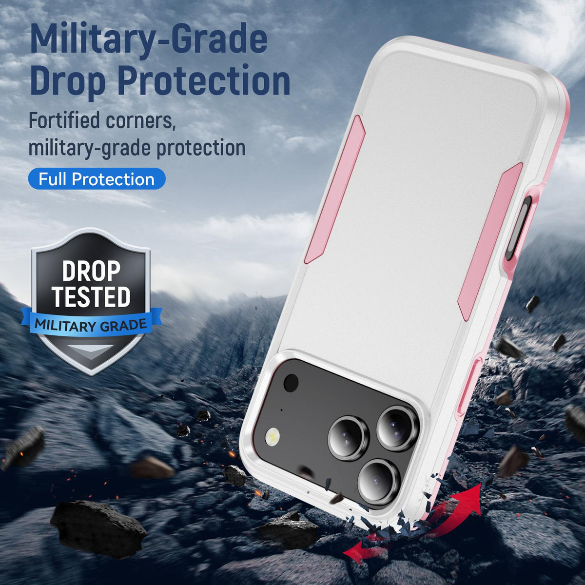 Compatible with iPhone 18 Pro Max Pioneer Armor Heavy Duty PC + TPU Phone Case - White+Pink