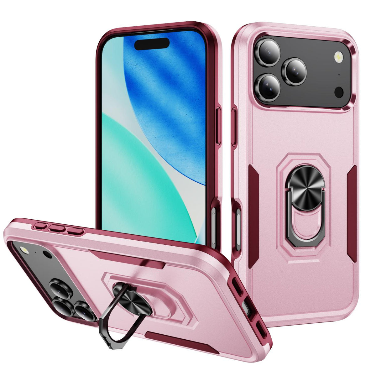 Compatible with iPhone 18 Pro Max Pioneer Armor Heavy Duty PC + TPU Phone Case with Holder - Pink+Rose Red