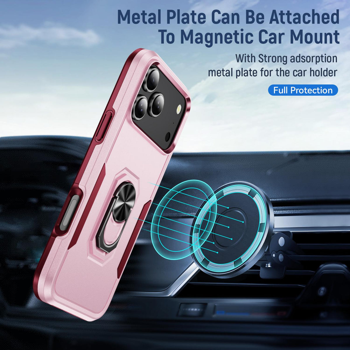 Compatible with iPhone 18 Pro Max Pioneer Armor Heavy Duty PC + TPU Phone Case with Holder - Pink+Rose Red
