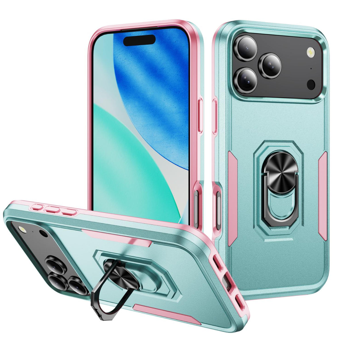 Compatible with iPhone 18 Pro Max Pioneer Armor Heavy Duty PC + TPU Phone Case with Holder - Green+Pink