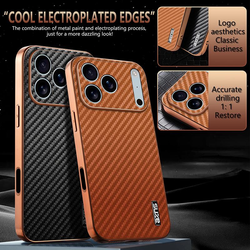 Compatible with iPhone 18 Pro AZNS Electroplated Edge Carbon Fiber Texture Phone Case - Brown