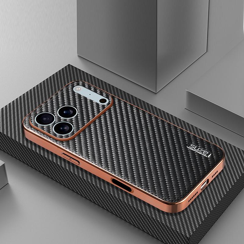 Compatible with iPhone 18 Pro Max AZNS Electroplated Edge Carbon Fiber Texture Phone Case - Black