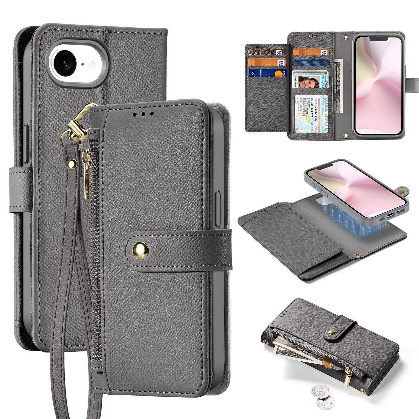 For iPhone 16e DUX DUCIS Lawa Series 2 in 1 Wallet Zipper Detachable MagSafe Phone Case with Lanyard(Grey)