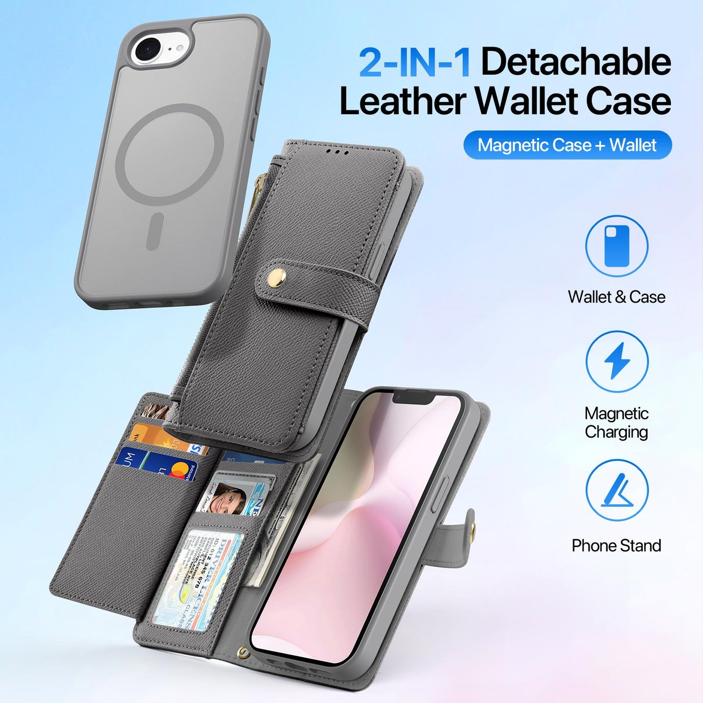 For iPhone 16e DUX DUCIS Lawa Series 2 in 1 Wallet Zipper Detachable MagSafe Phone Case with Lanyard(Grey)