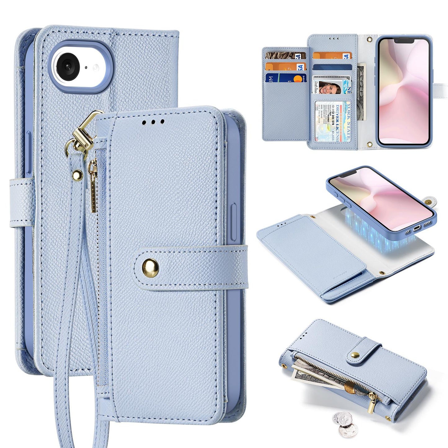 For iPhone 16e DUX DUCIS Lawa Series 2 in 1 Wallet Zipper Detachable MagSafe Phone Case with Lanyard(Light Blue)