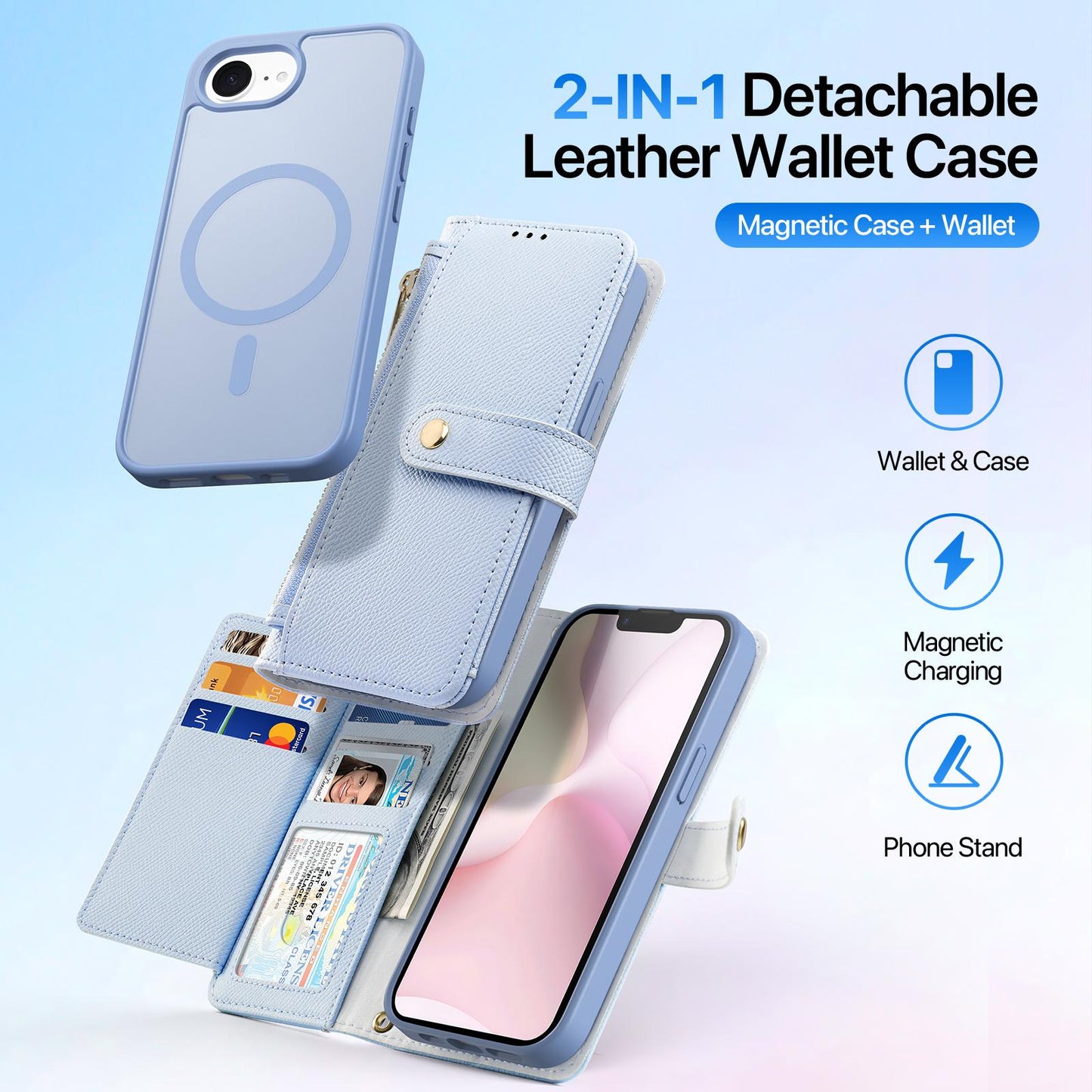 For iPhone 16e DUX DUCIS Lawa Series 2 in 1 Wallet Zipper Detachable MagSafe Phone Case with Lanyard(Light Blue)