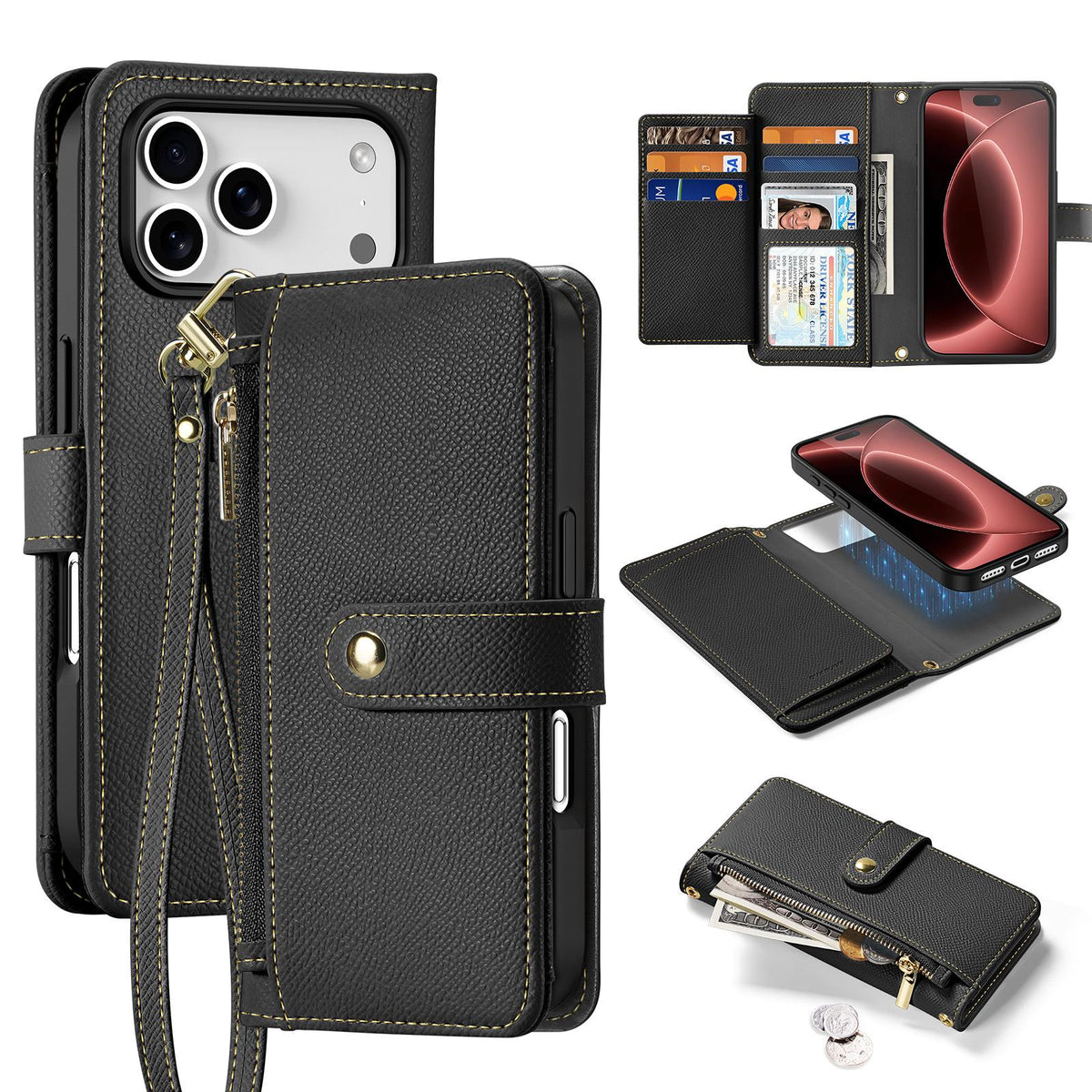 Compatible with iPhone 18 Pro Max DUX DUCIS Lawa Series 2 in 1 Wallet Zipper Detachable MagSafe Phone Case with Lanyard - Black