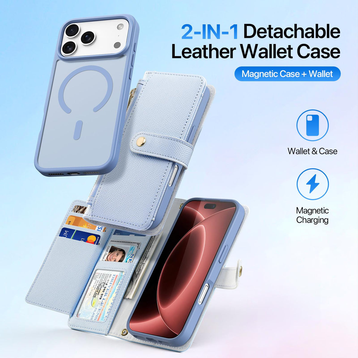 Compatible with iPhone 18 Pro Max DUX DUCIS Lawa Series 2 in 1 Wallet Zipper Detachable MagSafe Phone Case with Lanyard - Light Blue