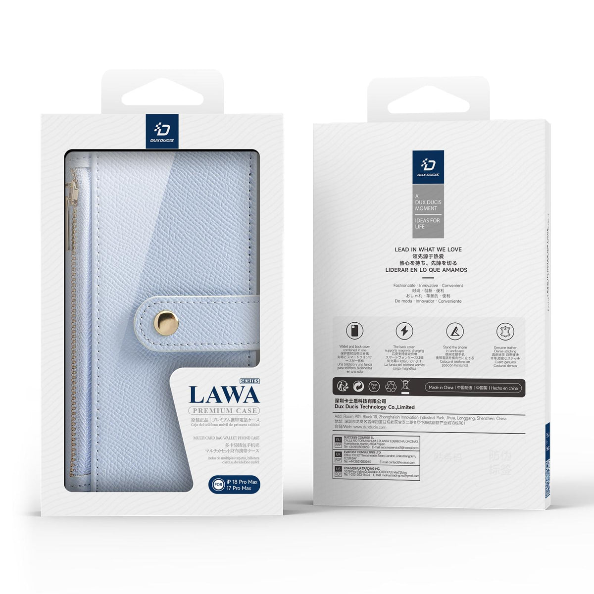 Compatible with iPhone 18 Pro Max DUX DUCIS Lawa Series 2 in 1 Wallet Zipper Detachable MagSafe Phone Case with Lanyard - Light Blue