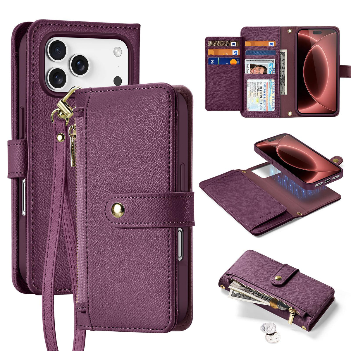 Compatible with iPhone 18 Pro Max DUX DUCIS Lawa Series 2 in 1 Wallet Zipper Detachable MagSafe Phone Case with Lanyard - Cherry Red