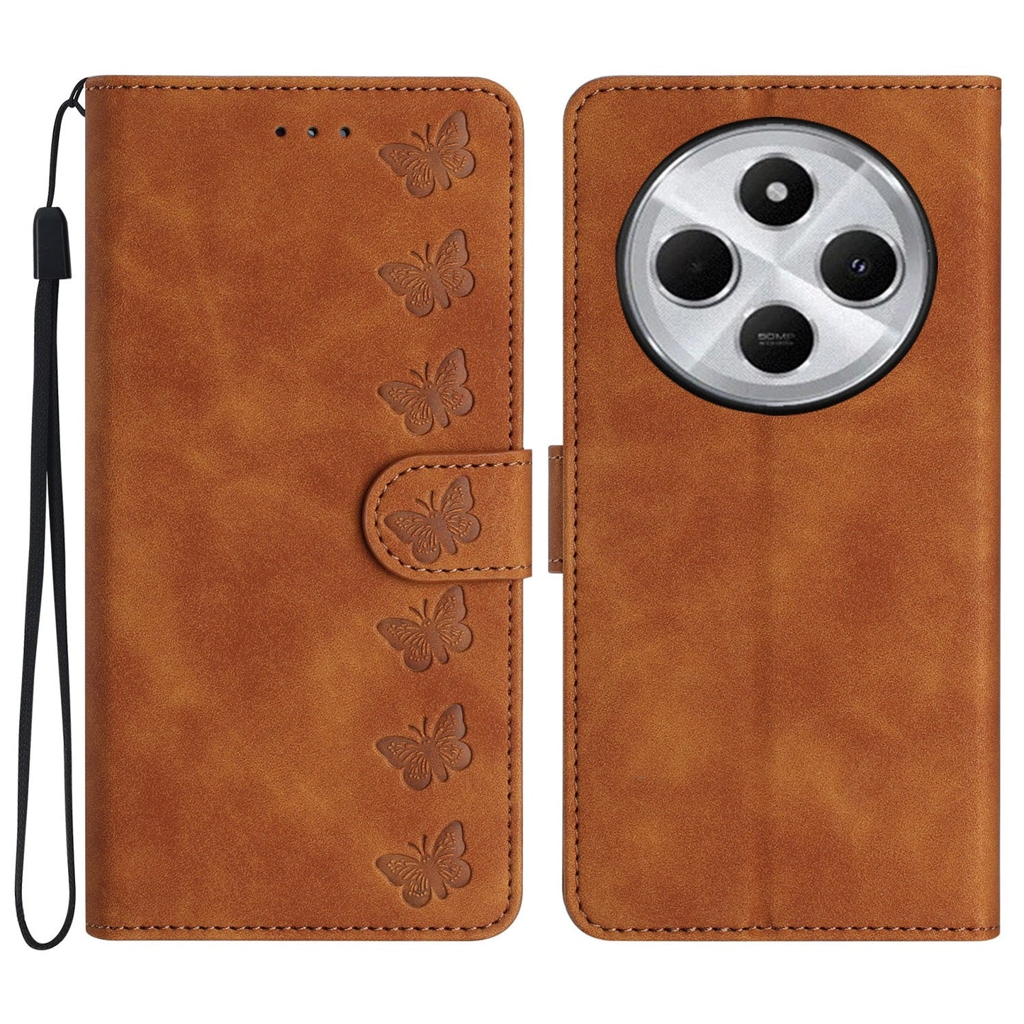 For Redmi 14C 4G Seven Butterflies Embossed Leather Phone Case(Brown)