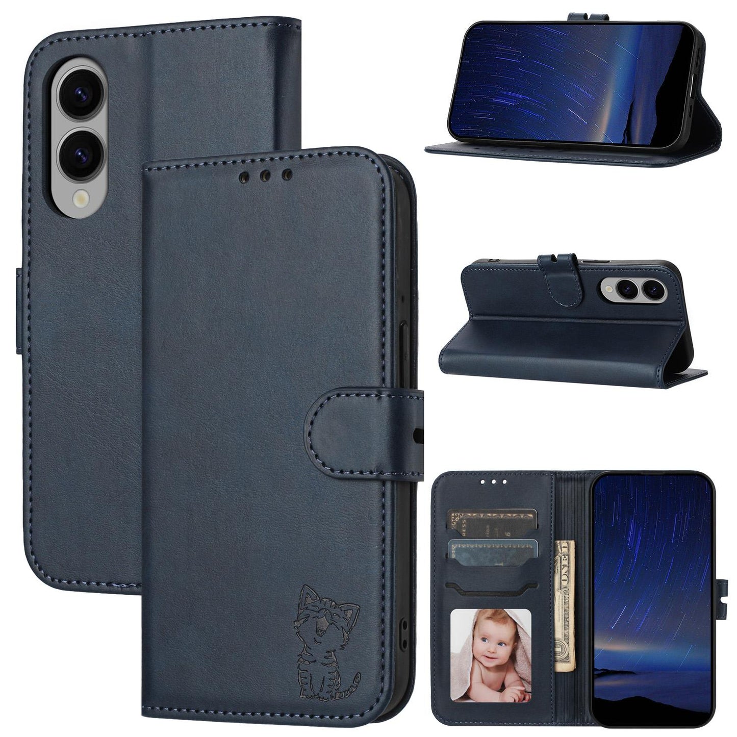 For Samsung Galaxy S25 Edge 5G Embossed Happy Cat Pattern Flip Leather Phone Case(Blue)