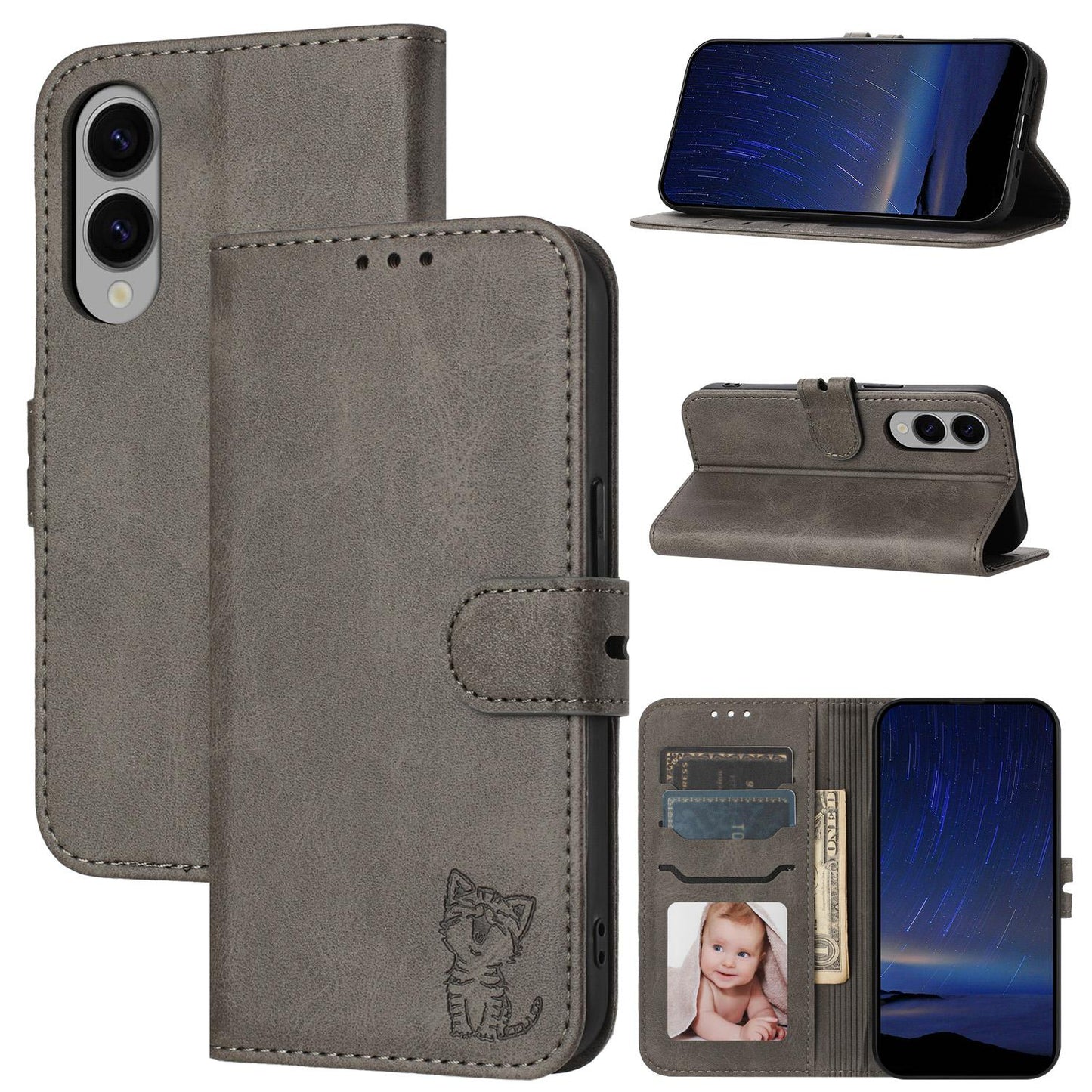 For Samsung Galaxy S25 Edge 5G Embossed Happy Cat Pattern Flip Leather Phone Case(Grey)