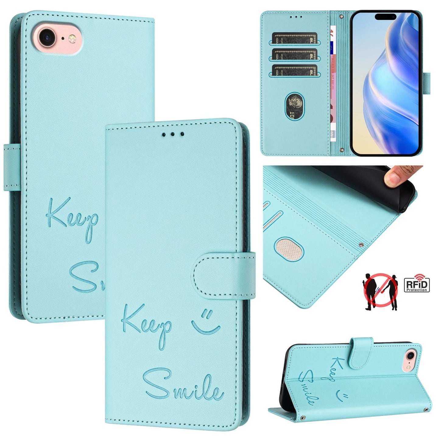 For iPhone 16e Smile Embossing RFID Leather Phone Case(Mint Green)