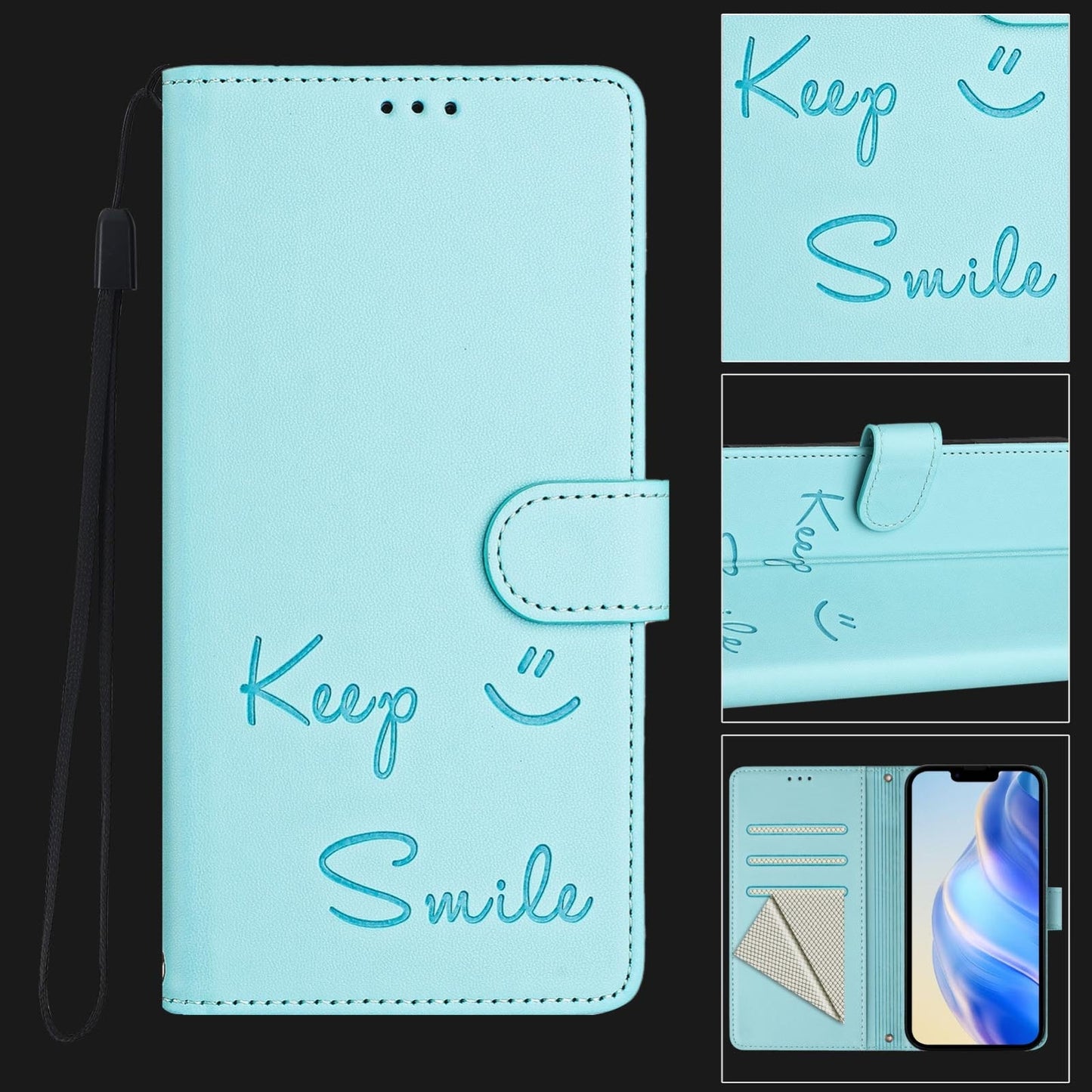 For iPhone 16e Smile Embossing RFID Leather Phone Case(Mint Green)