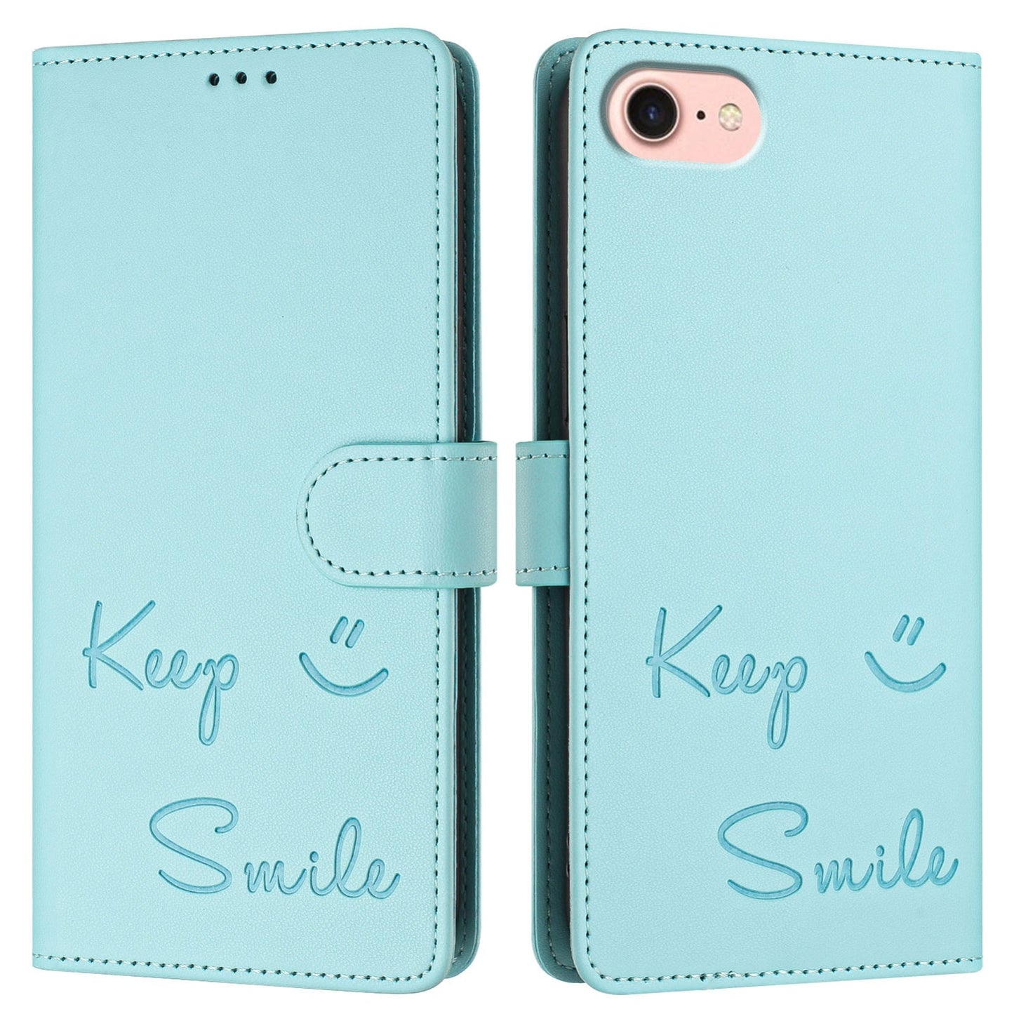 For iPhone 16e Smile Embossing RFID Leather Phone Case(Mint Green)