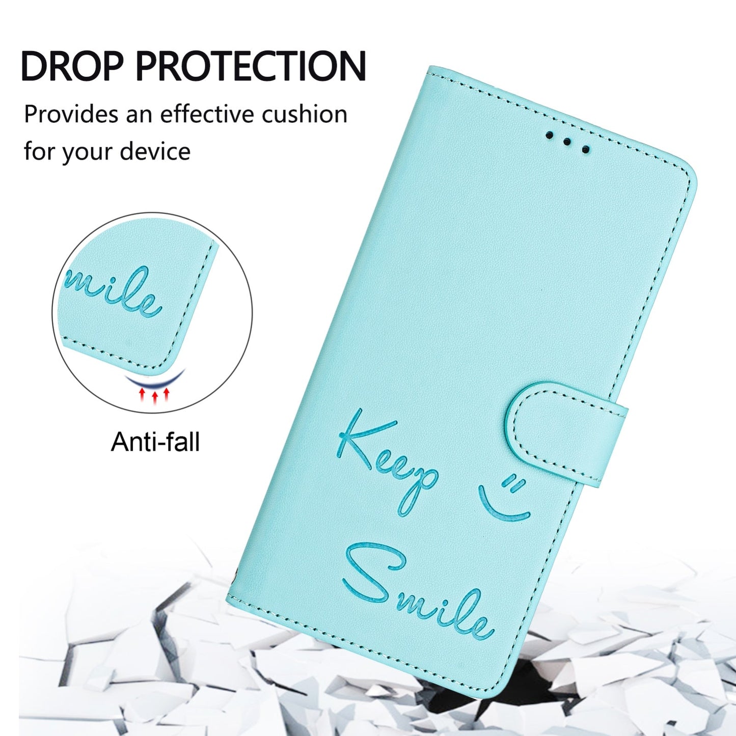 For iPhone 16e Smile Embossing RFID Leather Phone Case(Mint Green)