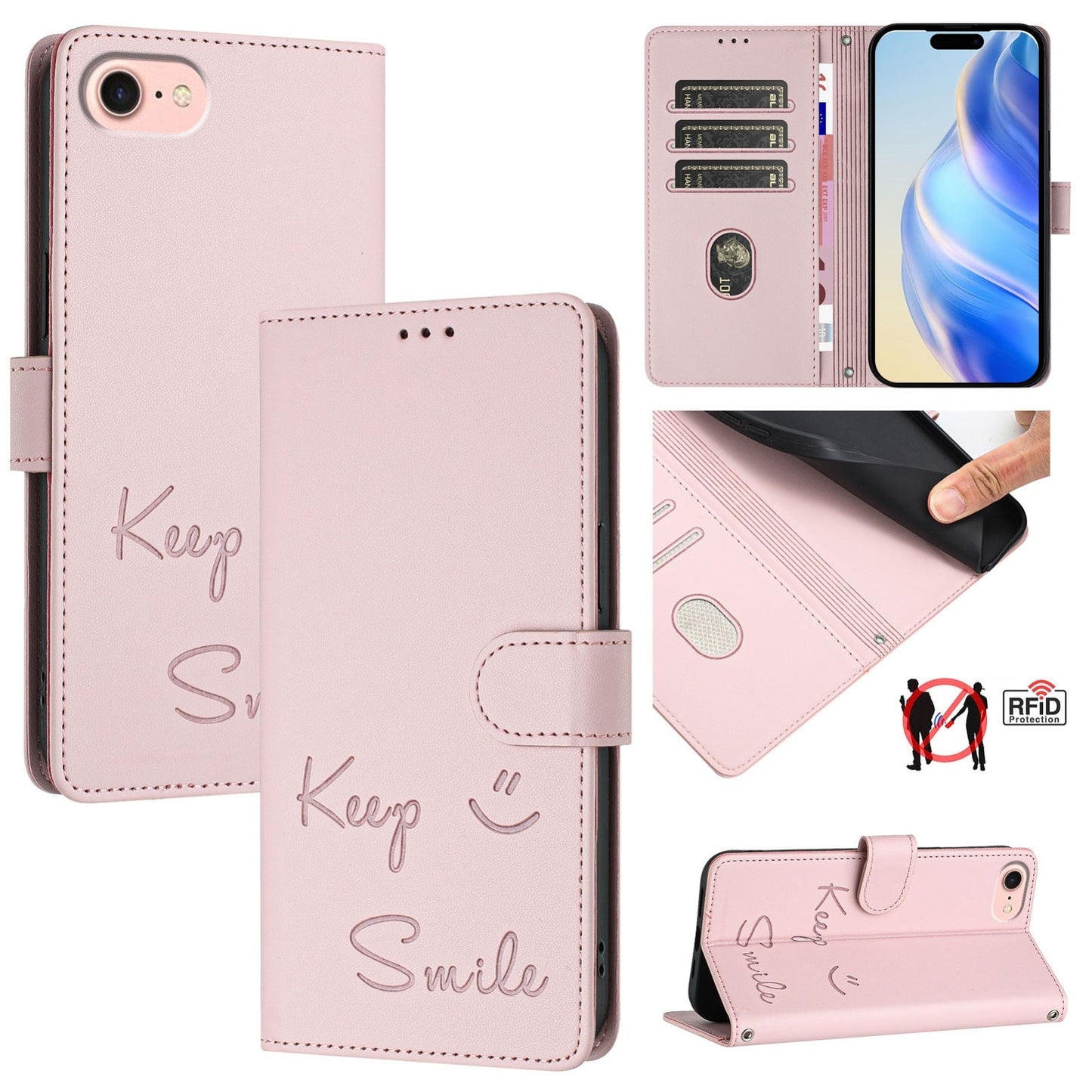 For iPhone 16e Smile Embossing RFID Leather Phone Case(Pink)