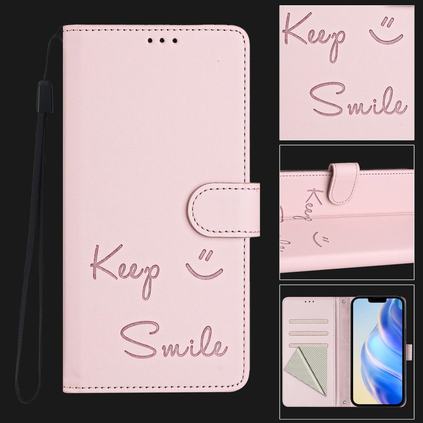 For iPhone 16e Smile Embossing RFID Leather Phone Case(Pink)