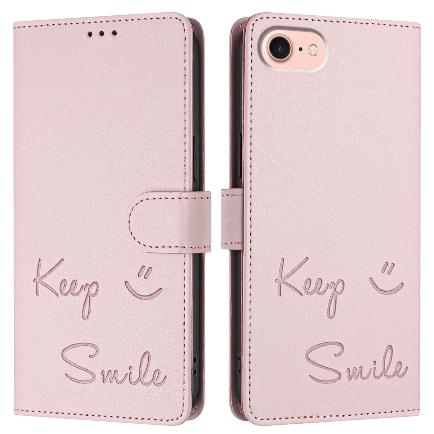 For iPhone 16e Smile Embossing RFID Leather Phone Case(Pink)
