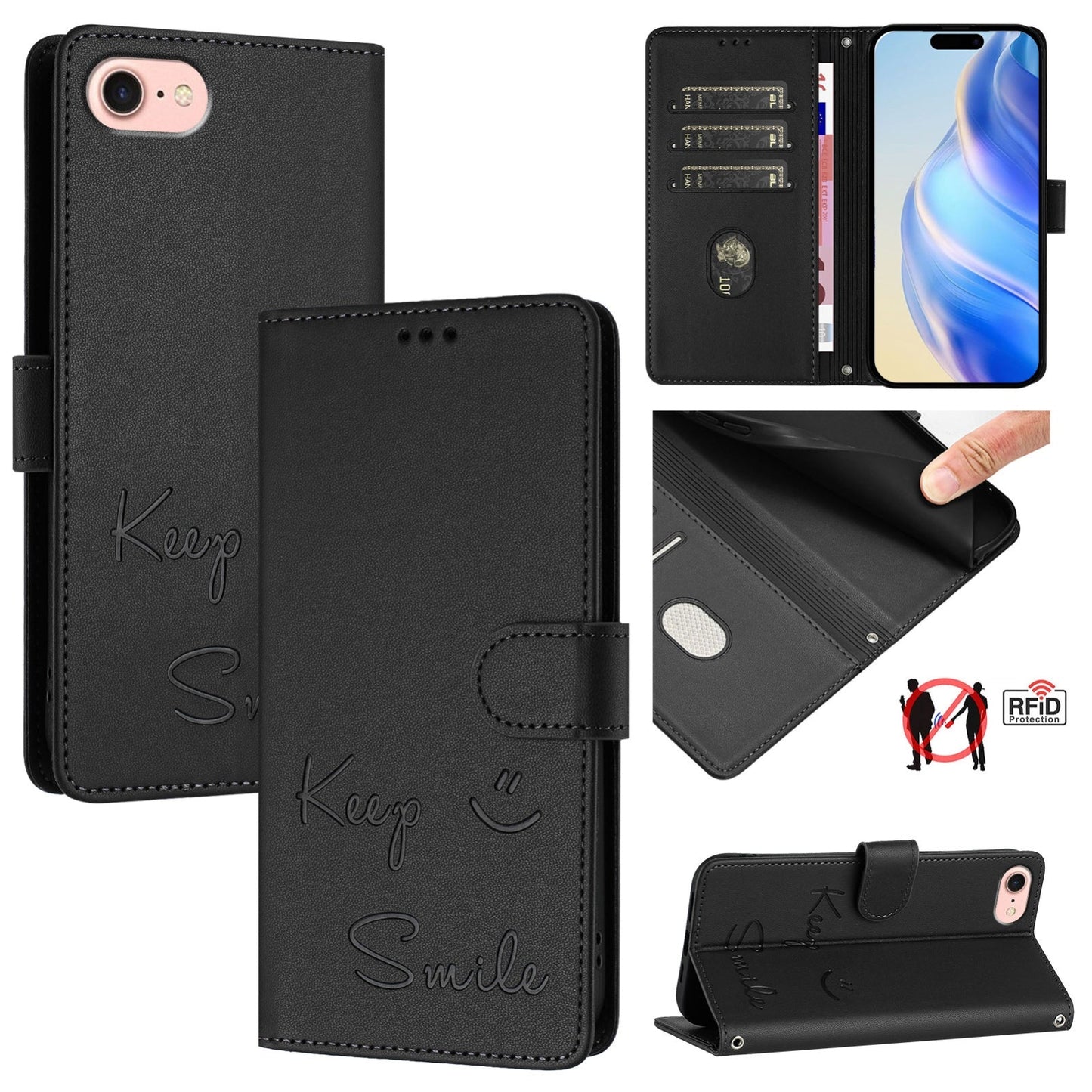For iPhone 16e Smile Embossing RFID Leather Phone Case(Black)