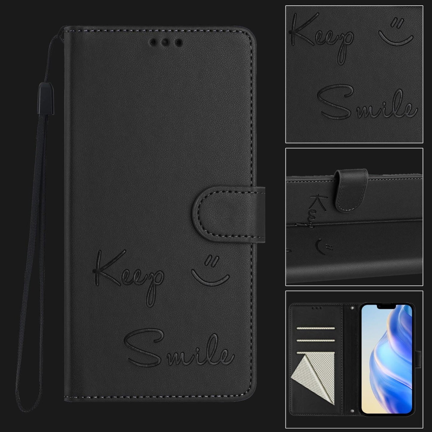 For iPhone 16e Smile Embossing RFID Leather Phone Case(Black)