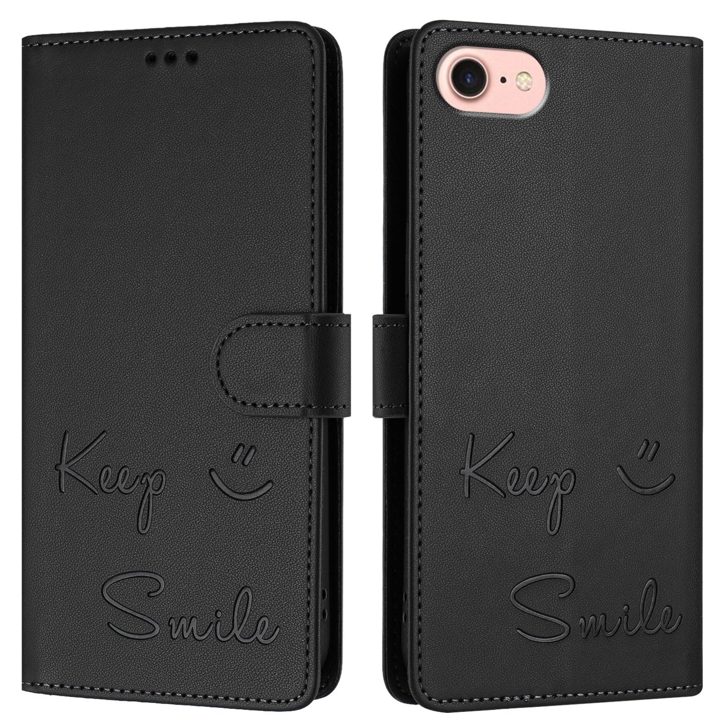For iPhone 16e Smile Embossing RFID Leather Phone Case(Black)