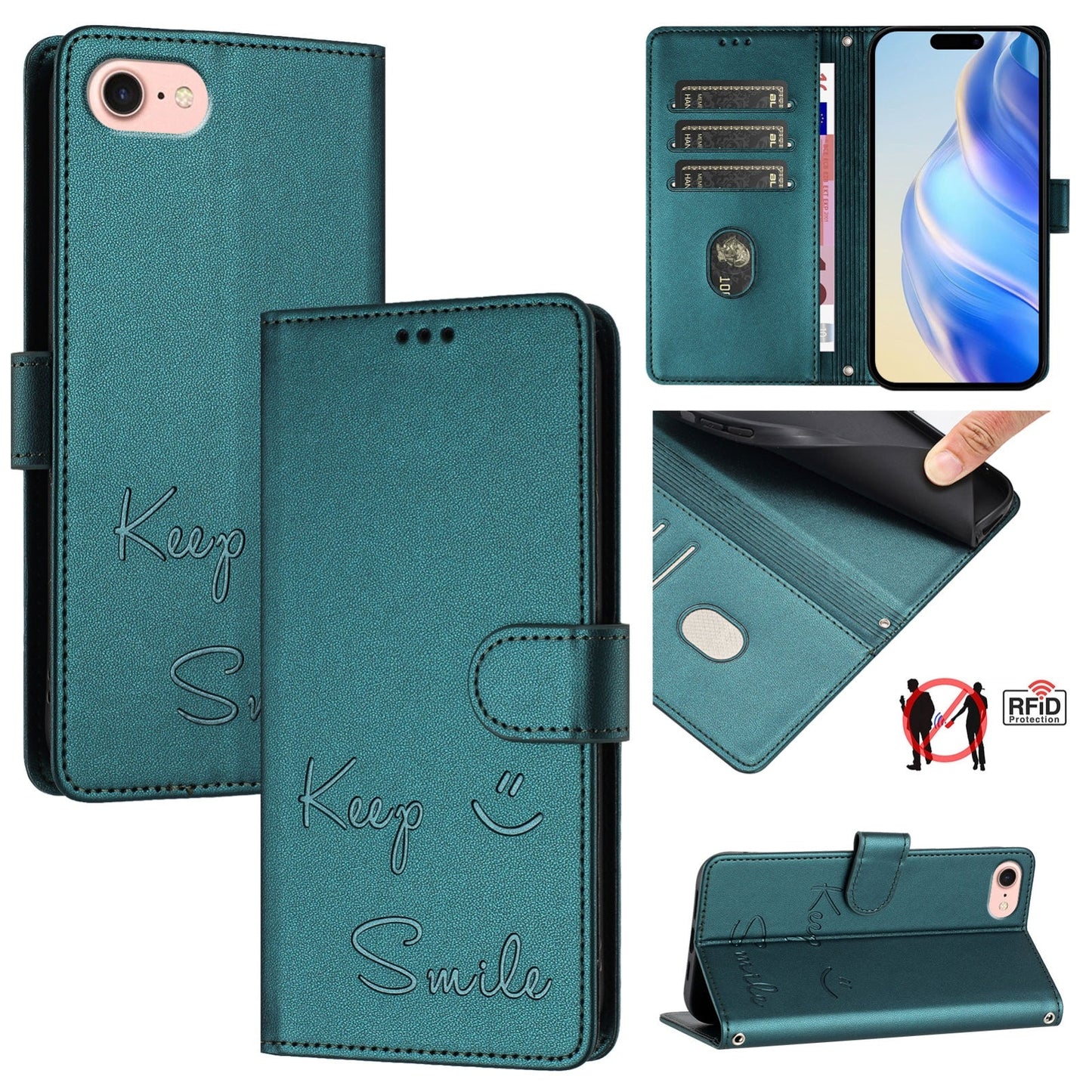 For iPhone 16e Smile Embossing RFID Leather Phone Case(Peacock Green)