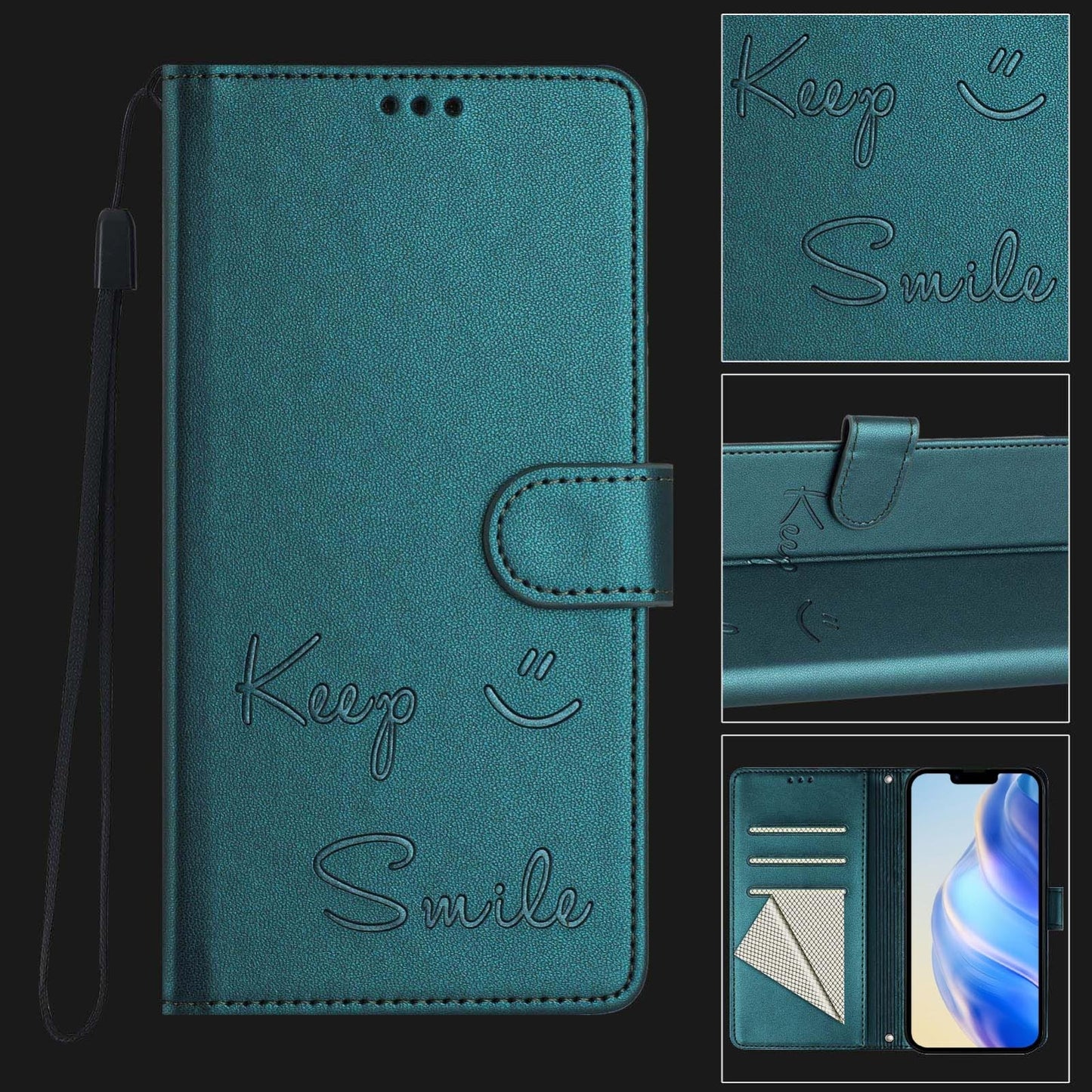 For iPhone 16e Smile Embossing RFID Leather Phone Case(Peacock Green)