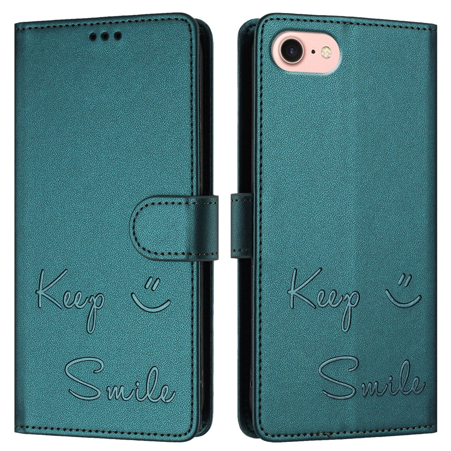 For iPhone 16e Smile Embossing RFID Leather Phone Case(Peacock Green)