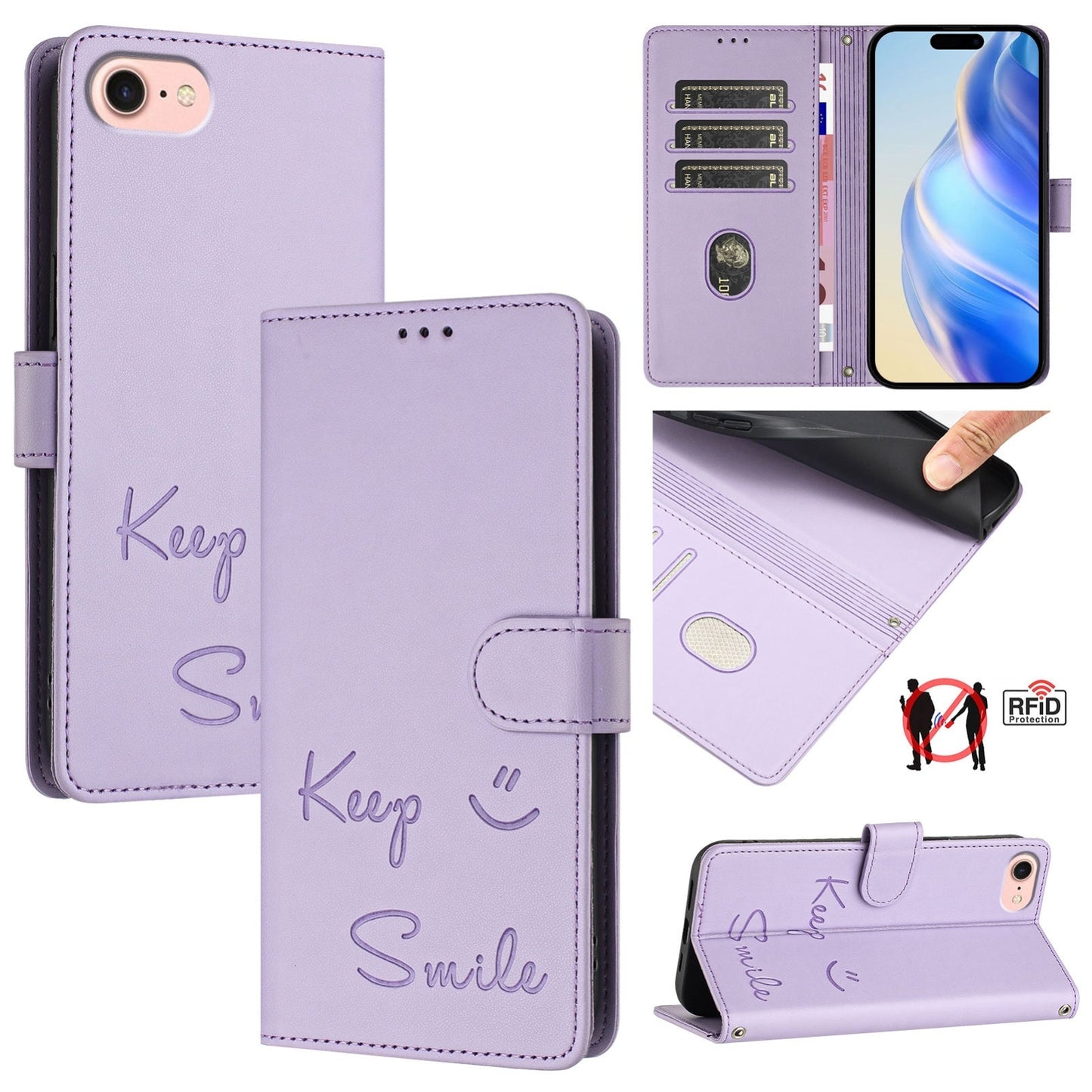 For iPhone 16e Smile Embossing RFID Leather Phone Case(Light Purple)