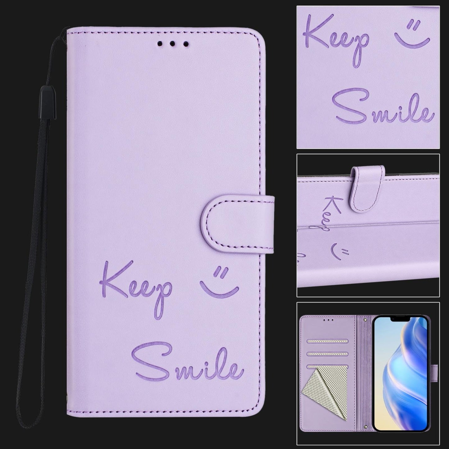 For iPhone 16e Smile Embossing RFID Leather Phone Case(Light Purple)