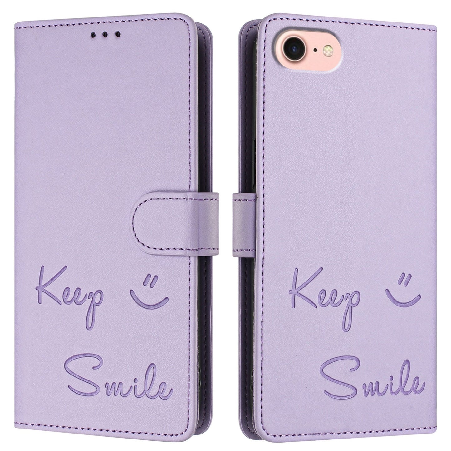 For iPhone 16e Smile Embossing RFID Leather Phone Case(Light Purple)