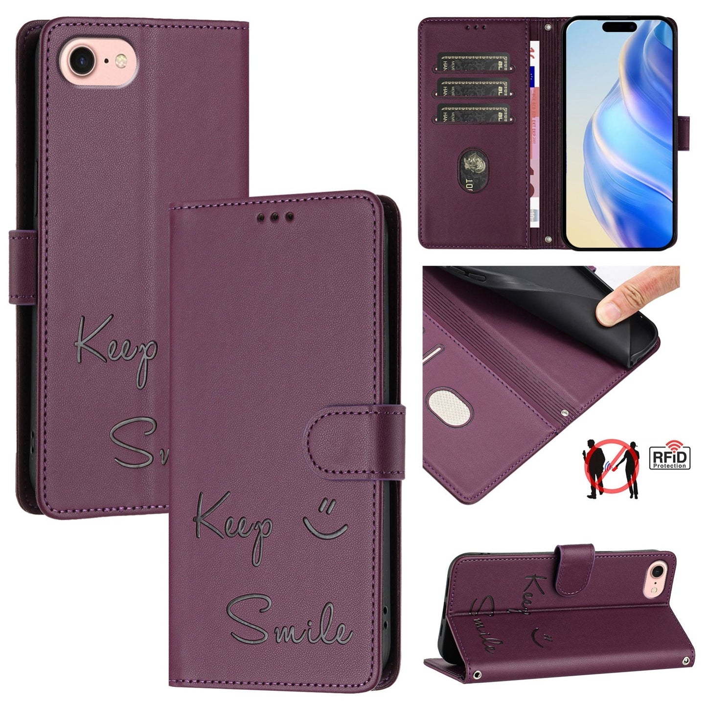 For iPhone 16e Smile Embossing RFID Leather Phone Case(Violet)