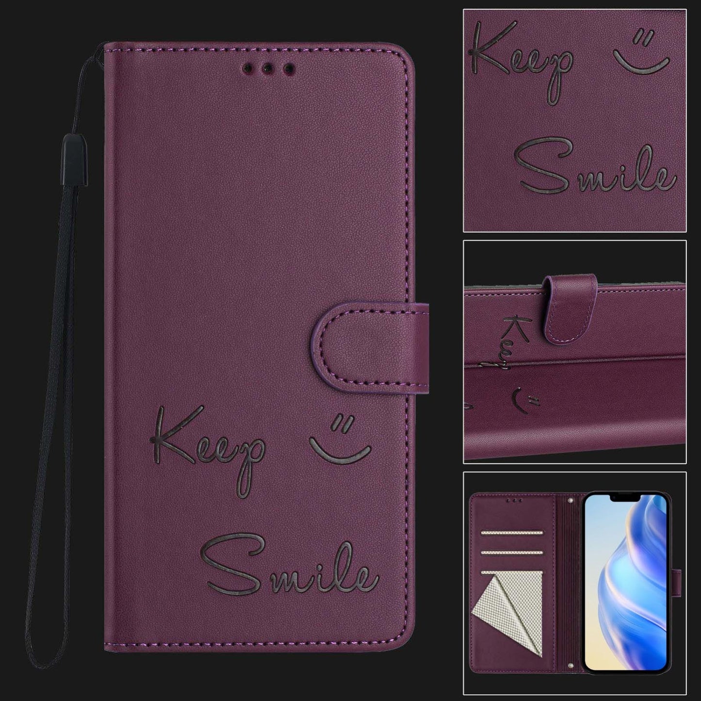 For iPhone 16e Smile Embossing RFID Leather Phone Case(Violet)