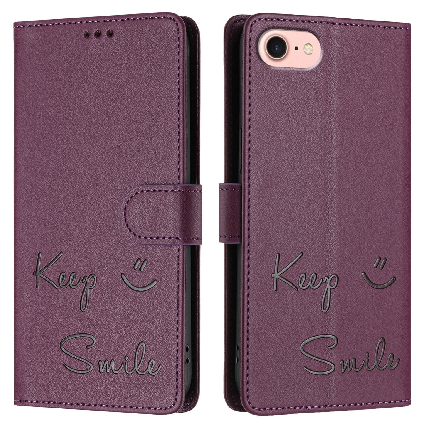 For iPhone 16e Smile Embossing RFID Leather Phone Case(Violet)