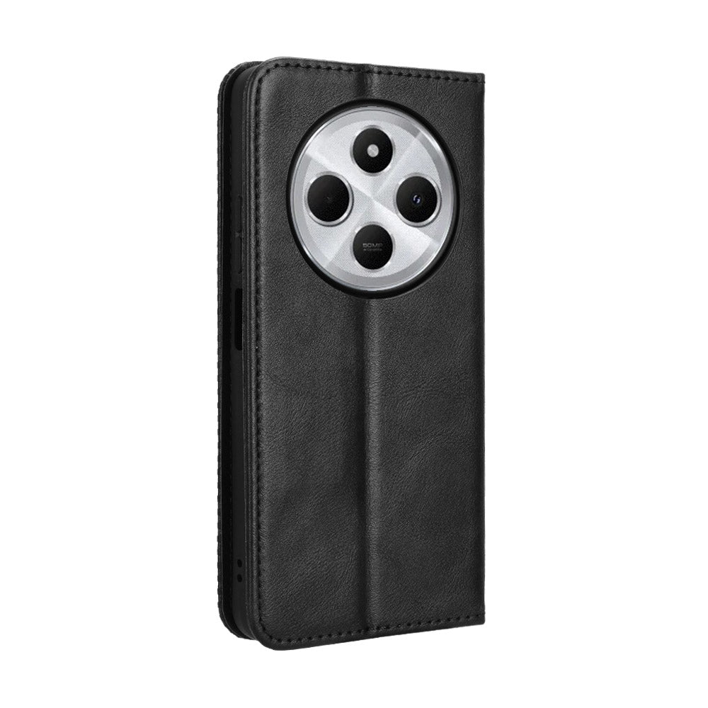 For Redmi 14C 4G Magnetic Buckle Retro Texture Leather Phone Case(Black)