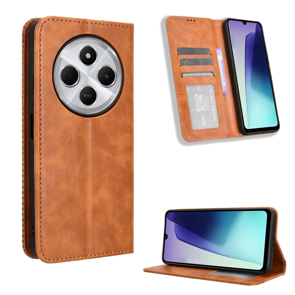 For Redmi 14C 4G Magnetic Buckle Retro Texture Leather Phone Case(Brown)
