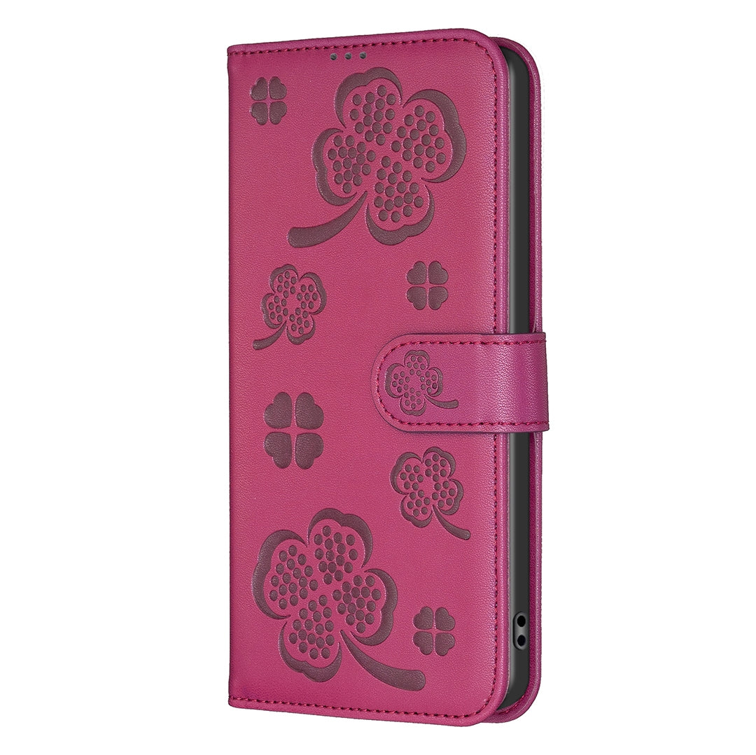 For Redmi 14C 4G Four-leaf Embossed Leather Phone Case(Rose Red)