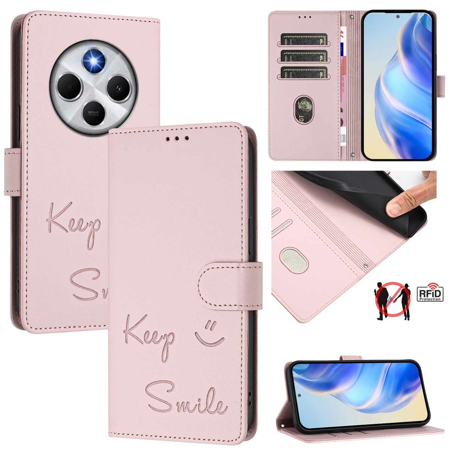 For Redmi 14C 4G Smile Embossing RFID Leather Phone Case(Pink)