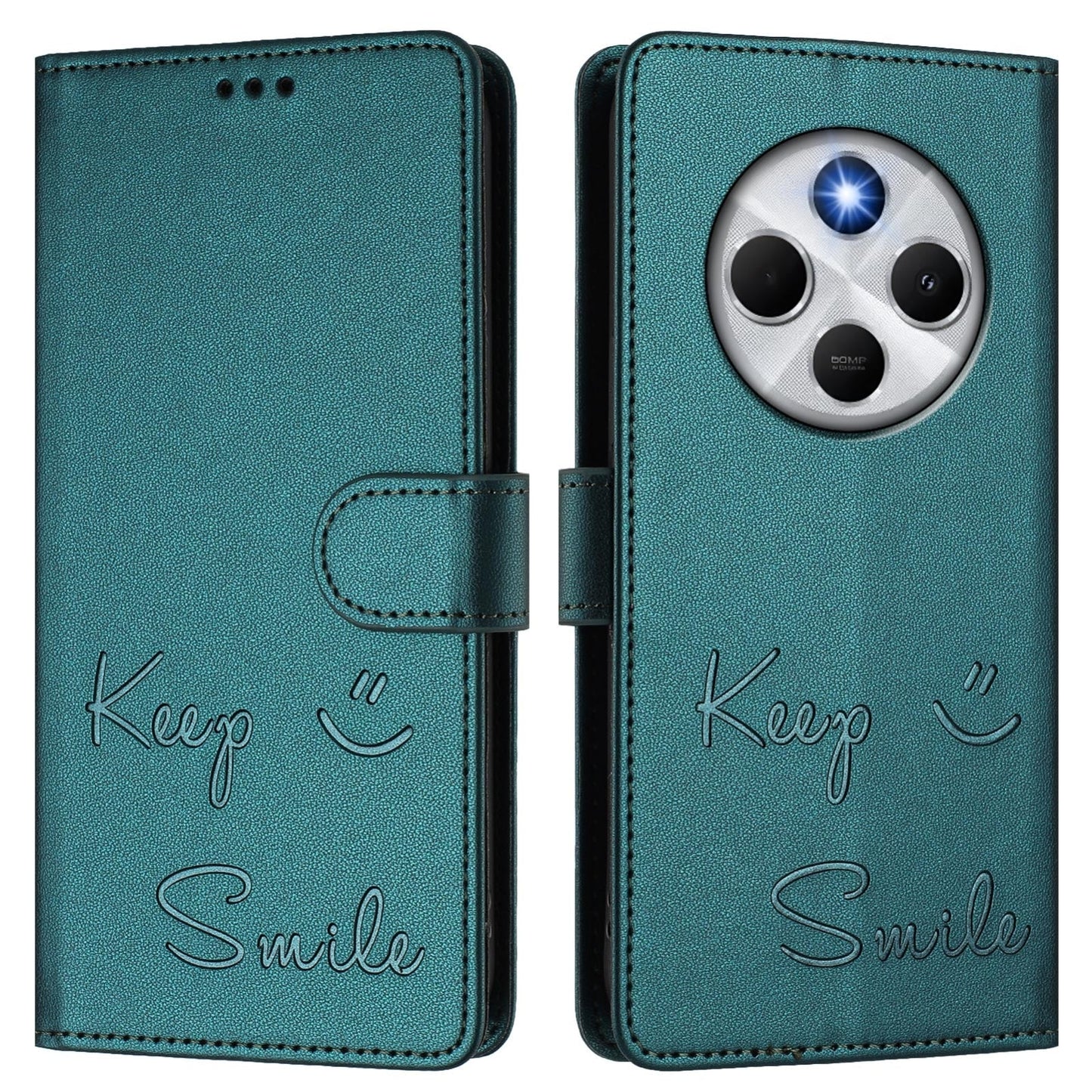 For Redmi 14C 4G Smile Embossing RFID Leather Phone Case(Peacock Green)