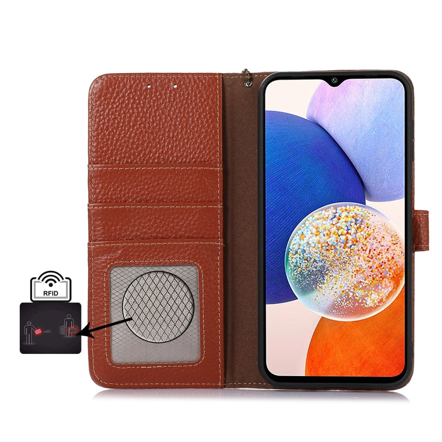 For Redmi 14C 4G Genuine Leather Litchi Texture RFID Leather Phone Case(Coffee)