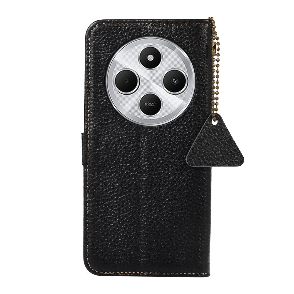 For Redmi 14C 4G Genuine Leather Litchi Texture RFID Leather Phone Case(Black)